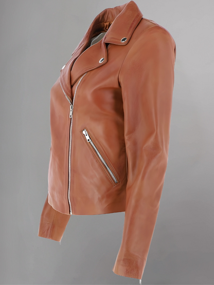 Women's Casual Stylish Biker Light Brown Leather Jacket