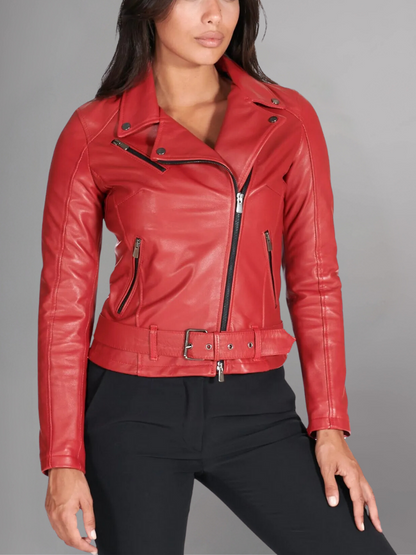 Women Green Cafe Racer Style Biker Genuine Leather Jacket