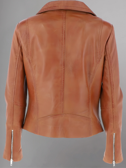 Women's Casual Stylish Biker Light Brown Leather Jacket