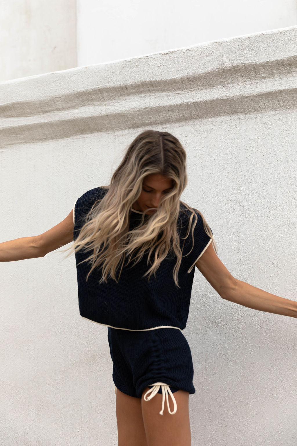 Yvonne Ruched Knit Top and Shorts Set with Contrast Detail in Navy/Ivory