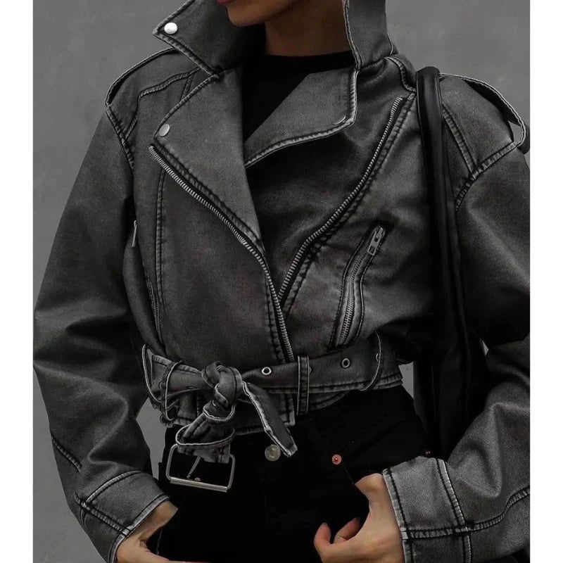 Vegan women's biker jacket with belt and zipper