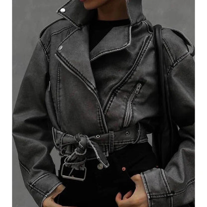 Vegan women's biker jacket with belt and zipper