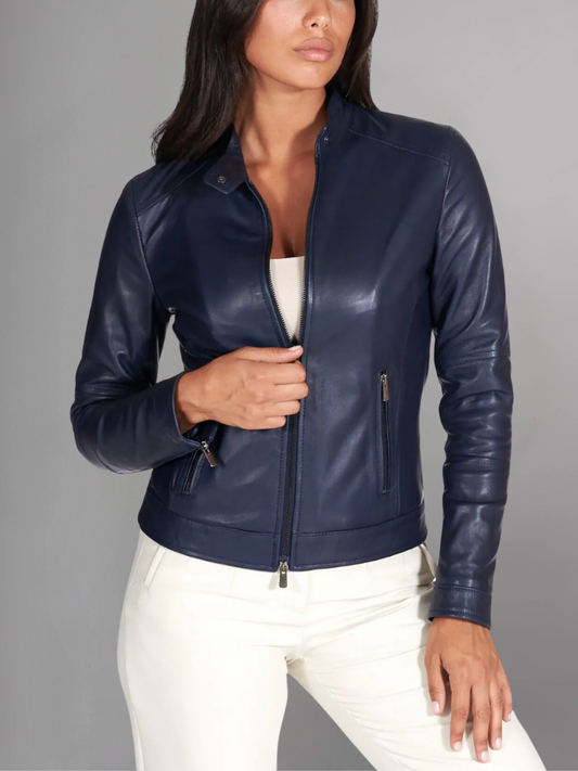 Custom Made Navy Blue Leather Motorcycle Jacket for Women