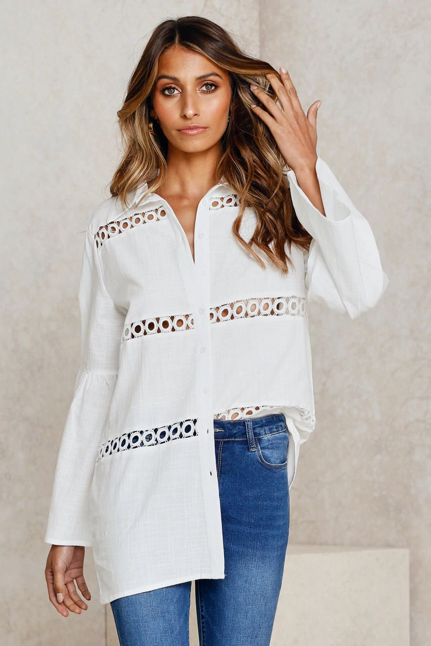 White Crochet Patchwork Drop Sleeve Scallop Edge Shirt