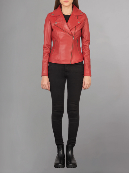 Women Lambskin Real Motorcycle Red Leather Jacket