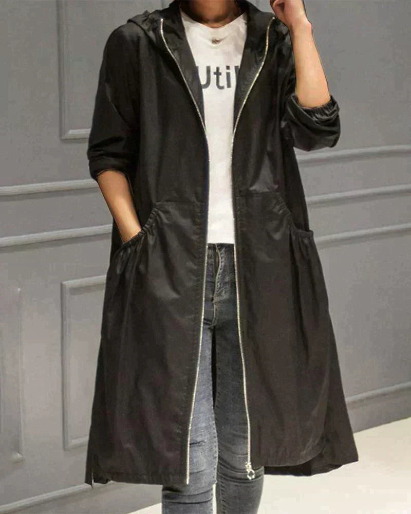 Long hooded zip jacket with front pockets – women