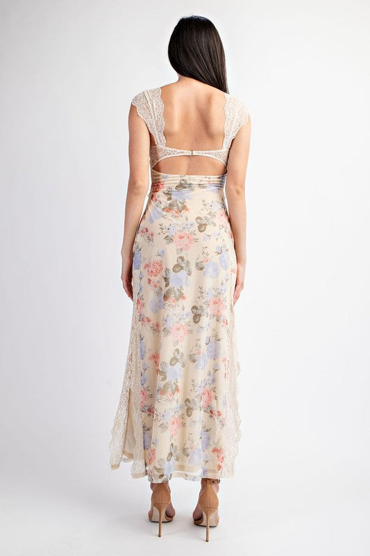 Waitlist 6/20 ♥ Wilder Floral Print Lace Trim  Maxi Dress Cream