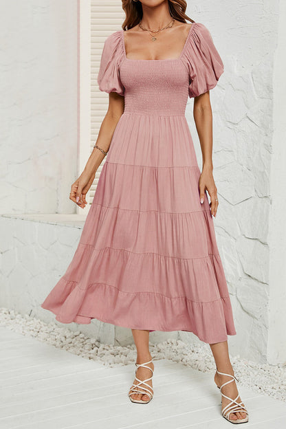 Smocked Square Neck Puff Sleeve Dress