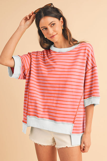 Black Stripe Contrast Trim Drop Sleeve Loose Top