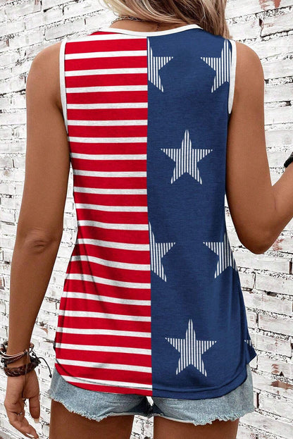 Red USA Flag Print Colorblock Round Neck Tank Top