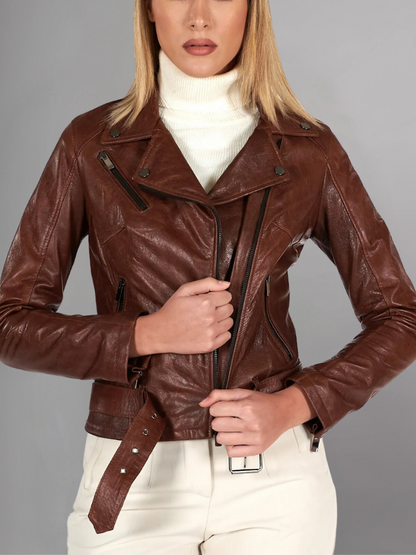 Women Green Cafe Racer Style Biker Genuine Leather Jacket