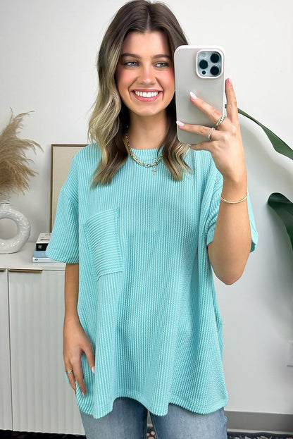 Turquoise Ribbed Knit Pocketed Loose Fit Crew Neck T Shirt