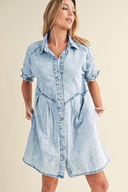 Blue Mineral Washed Ruffled Short Sleeve Pocketed Denim Dress