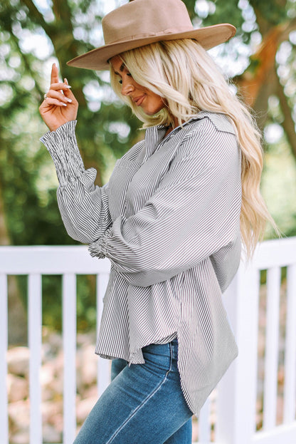 Light Blue Striped Casual Shirred Cuffs Shirt