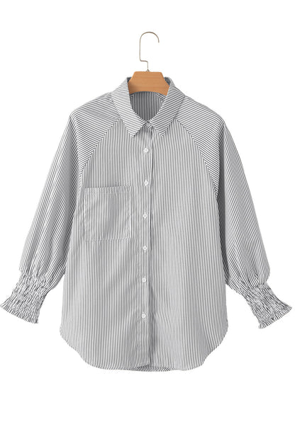 Light Blue Striped Casual Shirred Cuffs Shirt