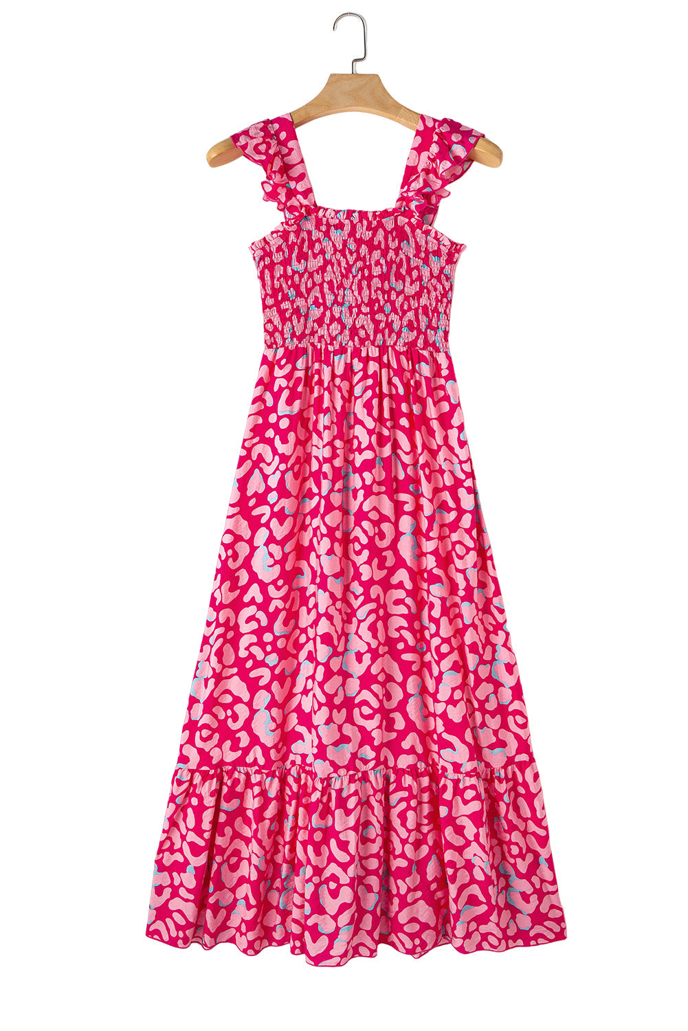 Pink Leopard Ruffle Straps Smocked High Waist Maxi Dress