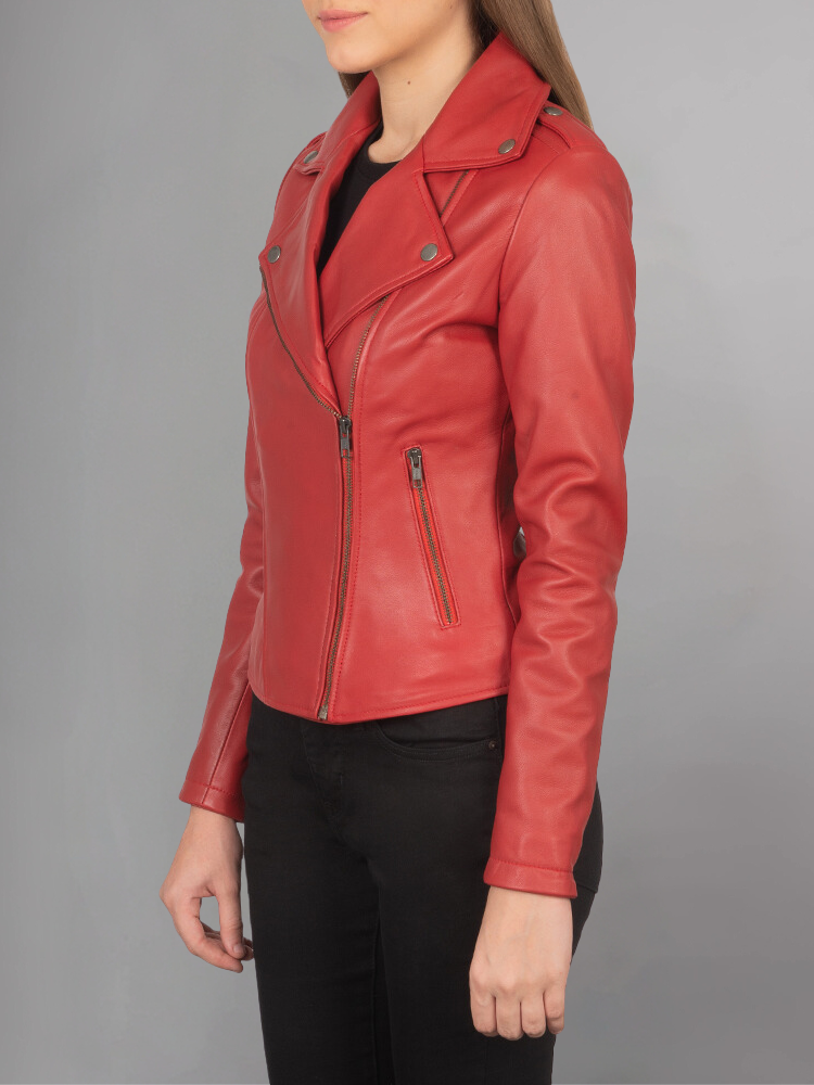 Women Lambskin Real Motorcycle Red Leather Jacket