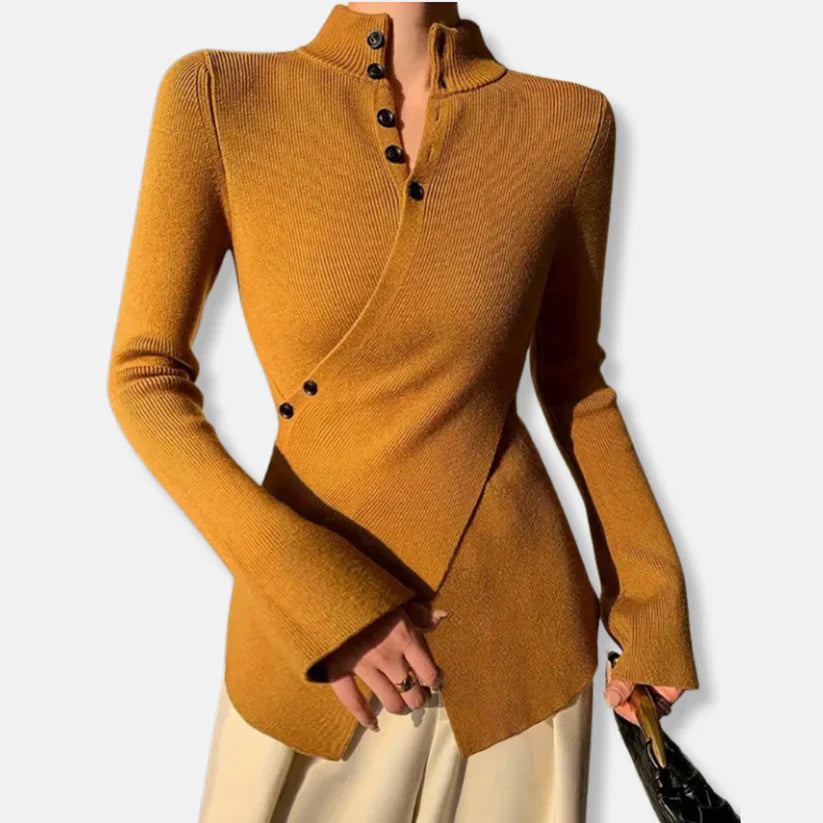 Fiona – slim-fit knit sweater with high collar and button details