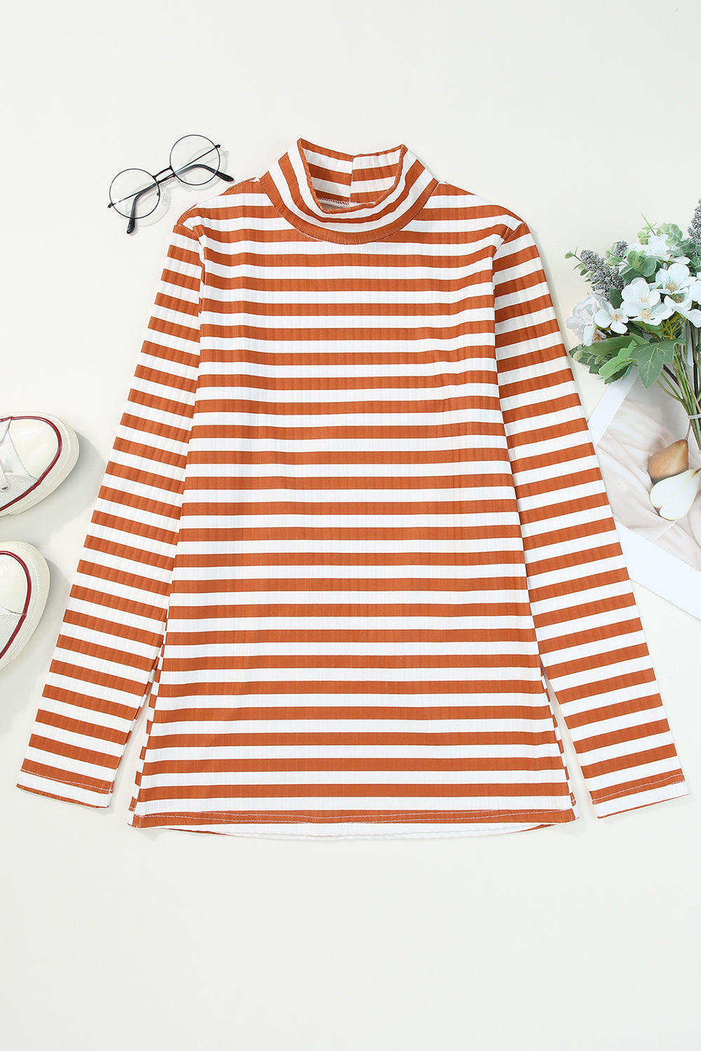 Double Take Striped Mock Neck Long Sleeve Top