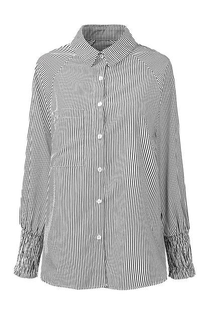 Light Blue Striped Casual Shirred Cuffs Shirt