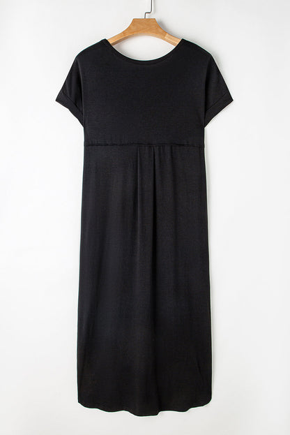 Black Solid Color Hidden Pocket V Neck Slit Maxi Dress