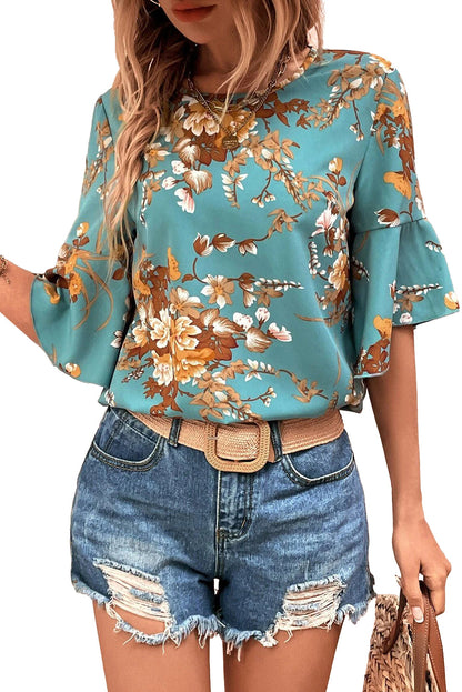 Mineral Blue Floral Print Round Neck Flounce Sleeve Blouse