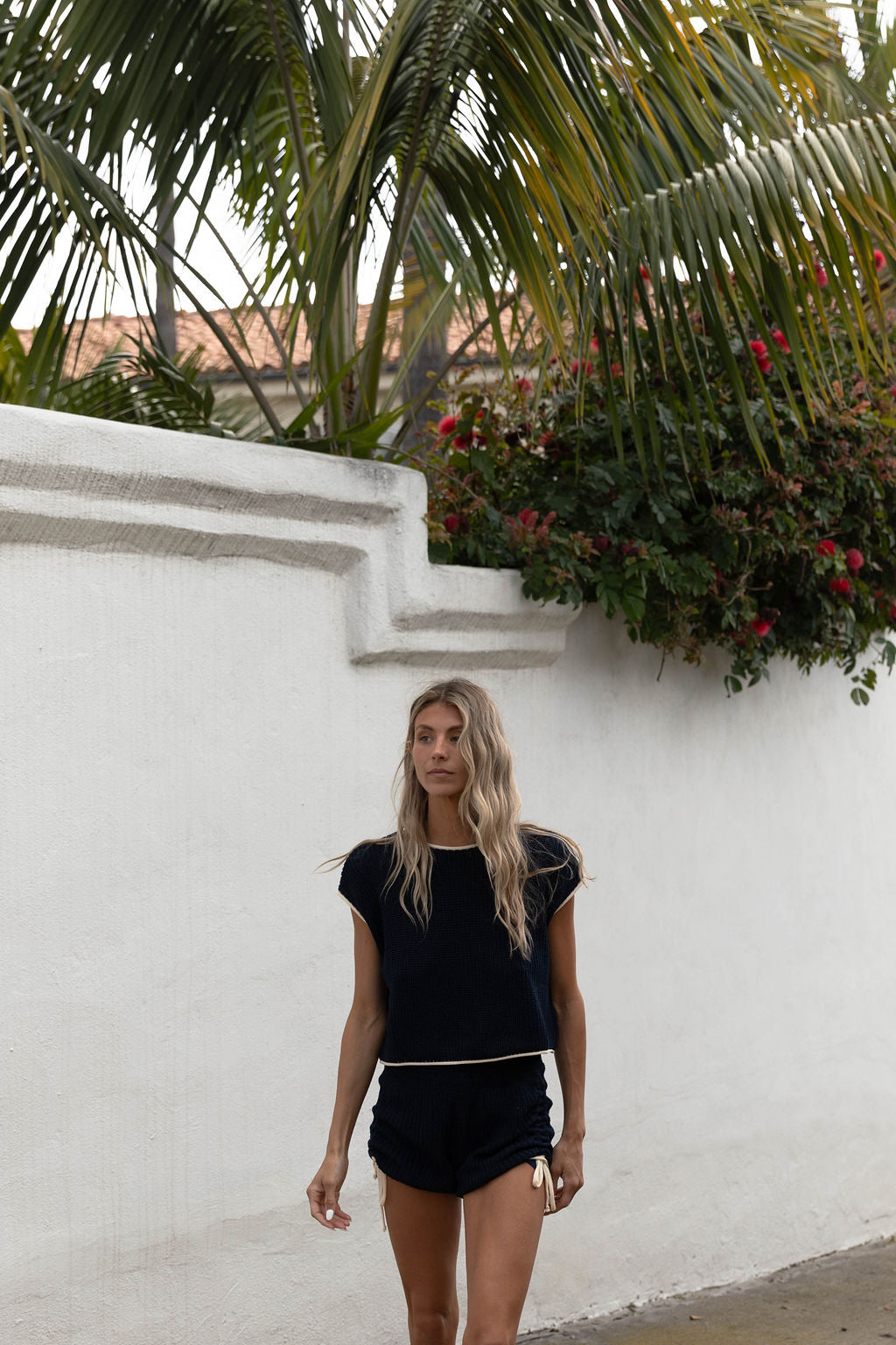 Yvonne Ruched Knit Top and Shorts Set with Contrast Detail in Navy/Ivory