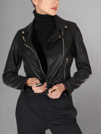 Women Green Cafe Racer Style Biker Genuine Leather Jacket