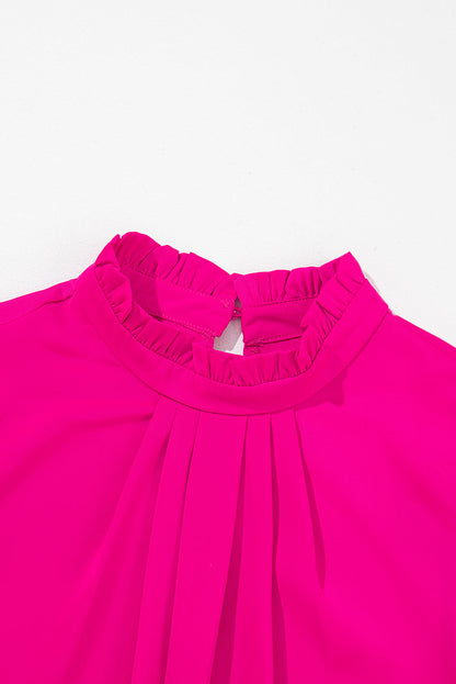 Bright Pink Frilled Trim Sleeveless Pleated Blouse