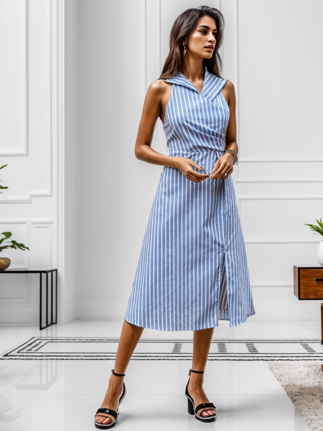 Slit Striped Sleeveless Midi Dress