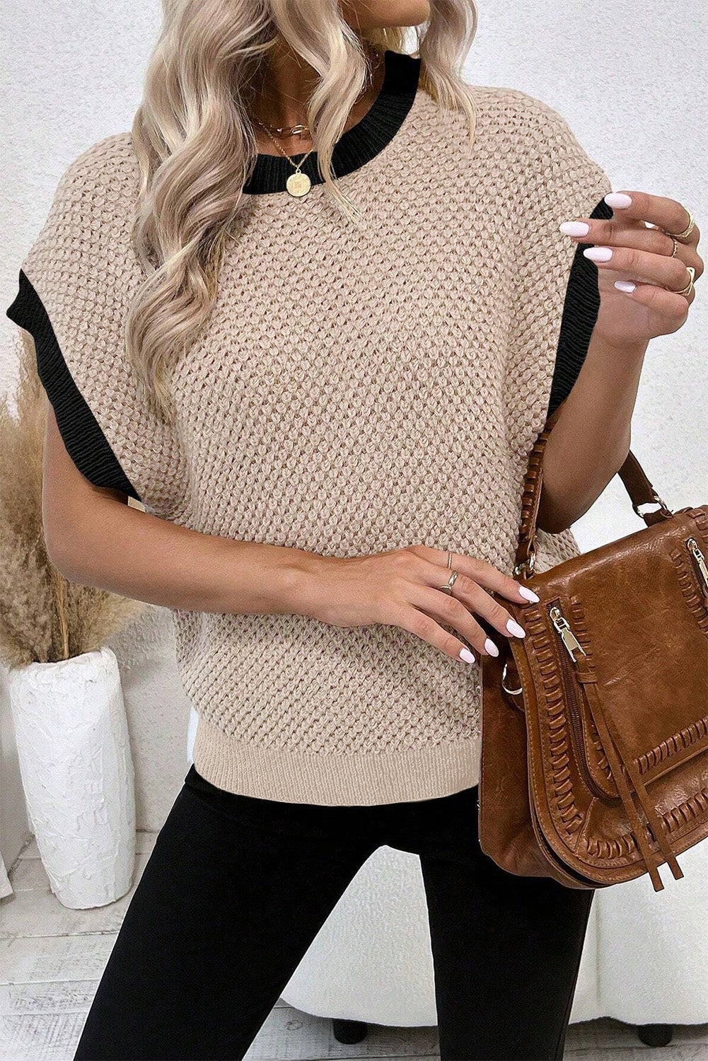 Light Beige Contrast Trim Batwing Sleeve Knitted Top