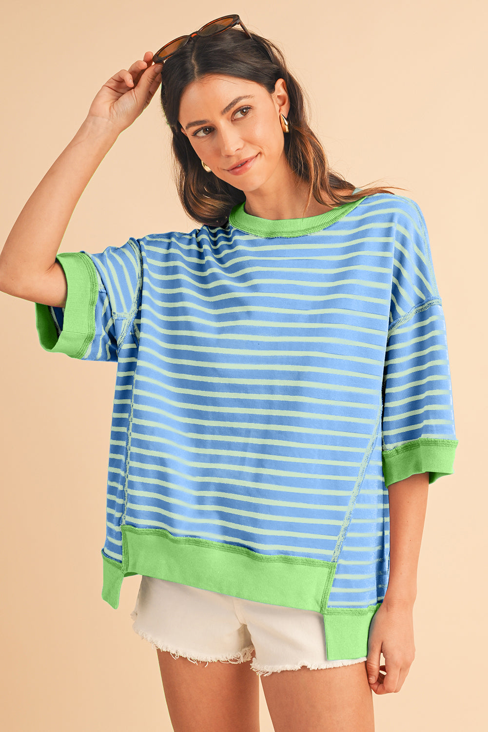 Black Stripe Contrast Trim Drop Sleeve Loose Top