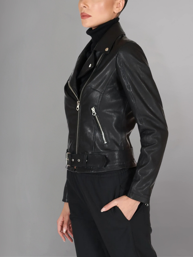 Women Green Cafe Racer Style Biker Genuine Leather Jacket