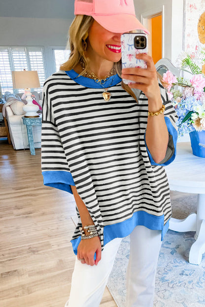 Black Stripe Contrast Trim Drop Sleeve Loose Top