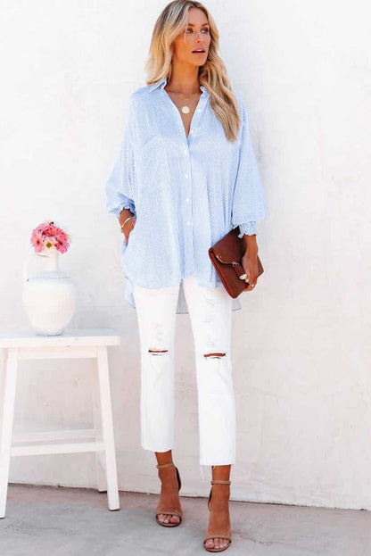 Light Blue Striped Casual Shirred Cuffs Shirt