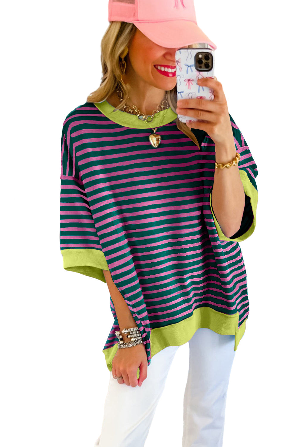 Black Stripe Contrast Trim Drop Sleeve Loose Top