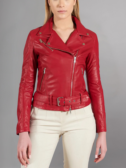 Women Green Cafe Racer Style Biker Genuine Leather Jacket