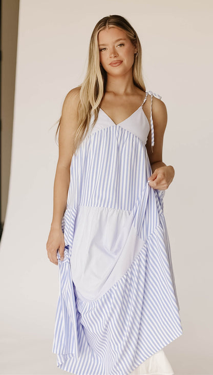 Teri Tiered Maxi Dress with Tie Straps in Sky Blue Stripe