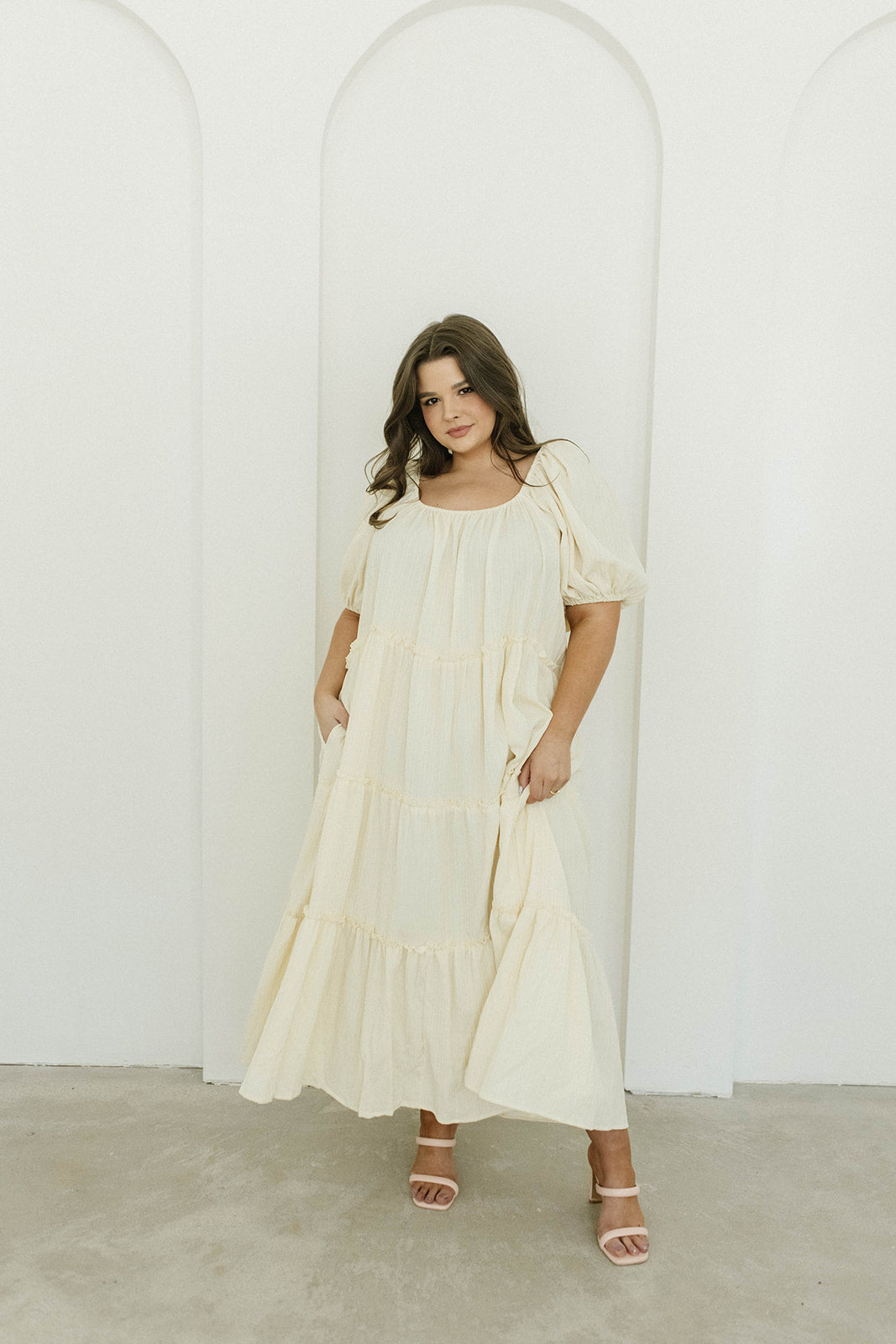 Eva Puffed Sleeve Maxi Dress in Cream - Bump Friendly & Inclusive Sizing (S-3XL)