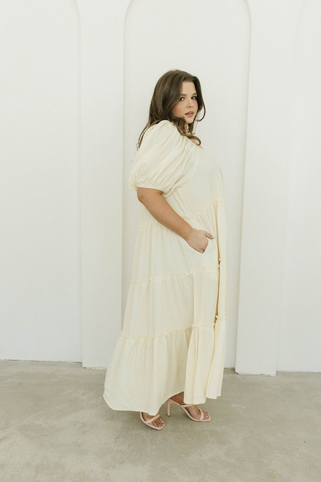 Eva Puffed Sleeve Maxi Dress in Cream - Bump Friendly & Inclusive Sizing (S-3XL)