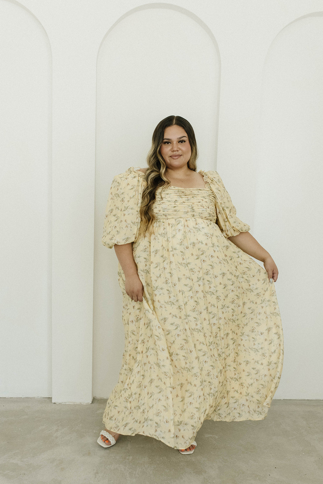 Melody Maxi Dress with Pleats and Bow Detail in Yellow Floral - Bump Friendly & Inclusive Sizing (S-3XL)