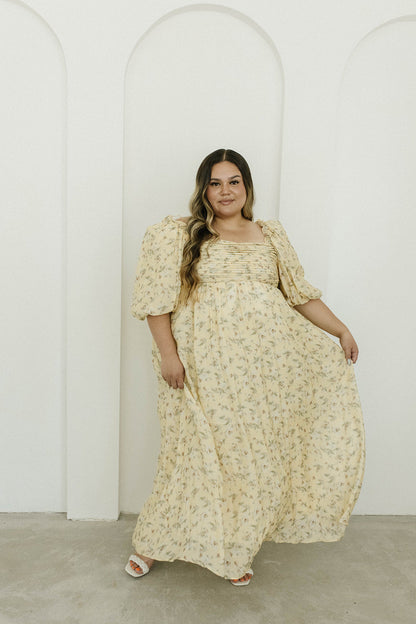 Melody Maxi Dress with Pleats and Bow Detail in Yellow Floral - Bump Friendly & Inclusive Sizing (S-3XL)