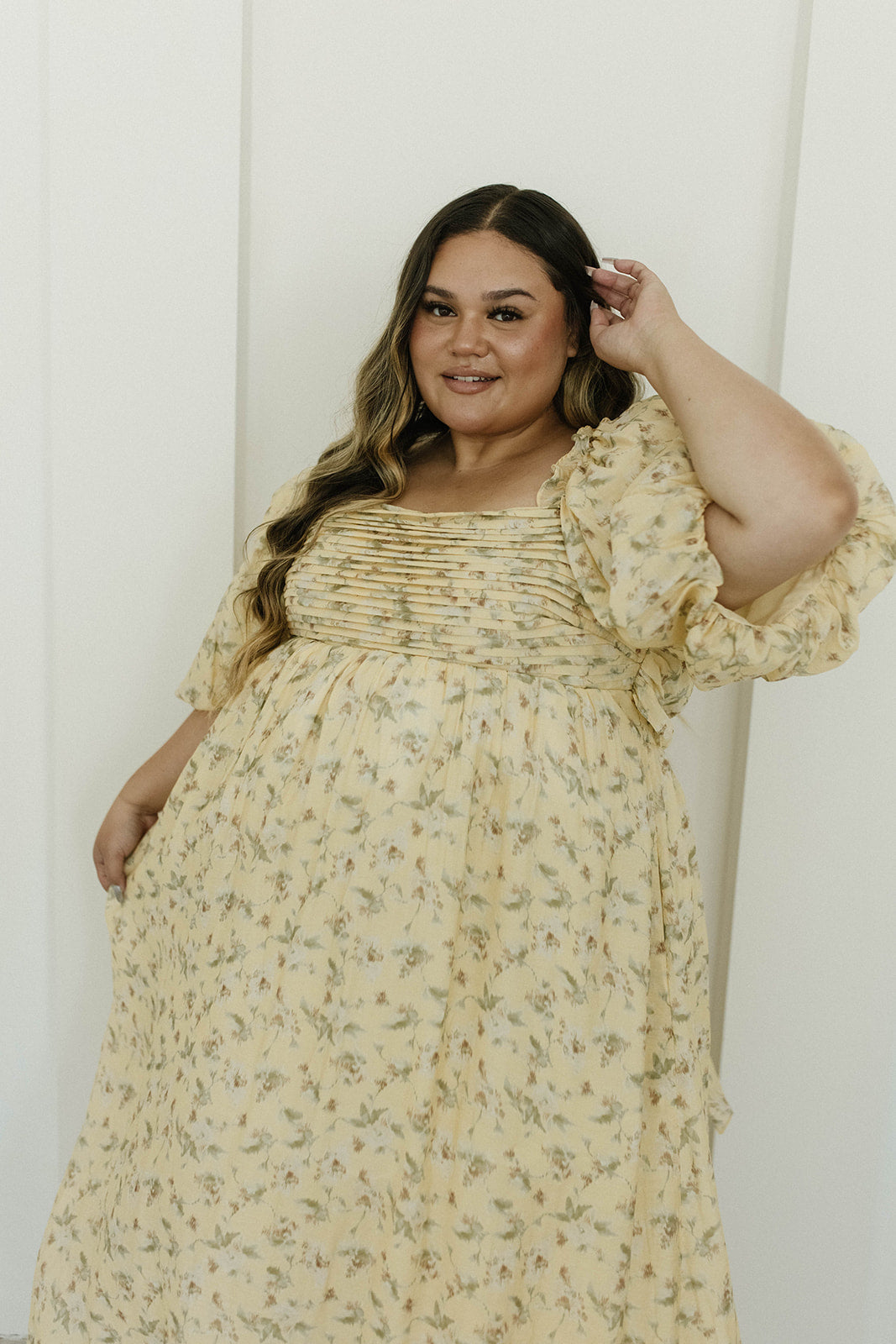 Melody Maxi Dress with Pleats and Bow Detail in Yellow Floral - Bump Friendly & Inclusive Sizing (S-3XL)