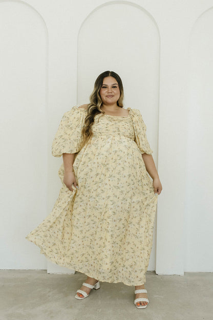 Melody Maxi Dress with Pleats and Bow Detail in Yellow Floral - Bump Friendly & Inclusive Sizing (S-3XL)