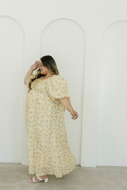 Melody Maxi Dress with Pleats and Bow Detail in Yellow Floral - Bump Friendly & Inclusive Sizing (S-3XL)