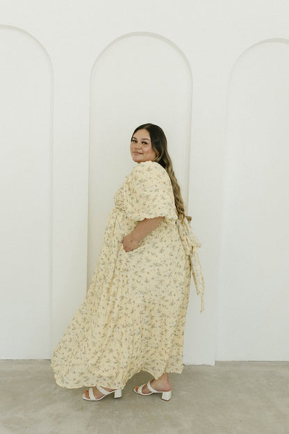 Melody Maxi Dress with Pleats and Bow Detail in Yellow Floral - Bump Friendly & Inclusive Sizing (S-3XL)