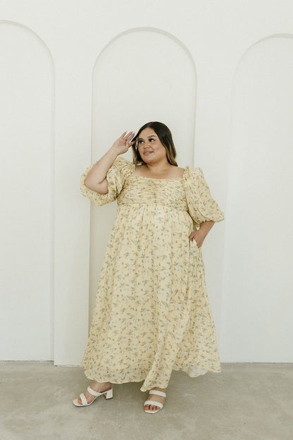 Melody Maxi Dress with Pleats and Bow Detail in Yellow Floral - Bump Friendly & Inclusive Sizing (S-3XL)