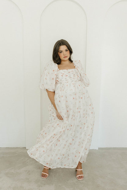 Melody Maxi Dress with Pleats and Bow Detail in Pink Rose Floral - Bump Friendly & Inclusive Sizing (S-3XL)