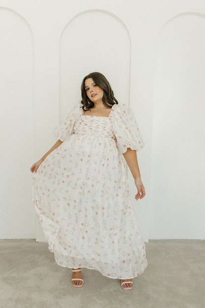 Melody Maxi Dress with Pleats and Bow Detail in Pink Rose Floral - Bump Friendly & Inclusive Sizing (S-3XL)