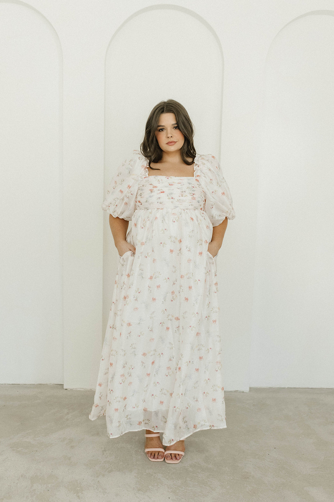 Melody Maxi Dress with Pleats and Bow Detail in Pink Rose Floral - Bump Friendly & Inclusive Sizing (S-3XL)